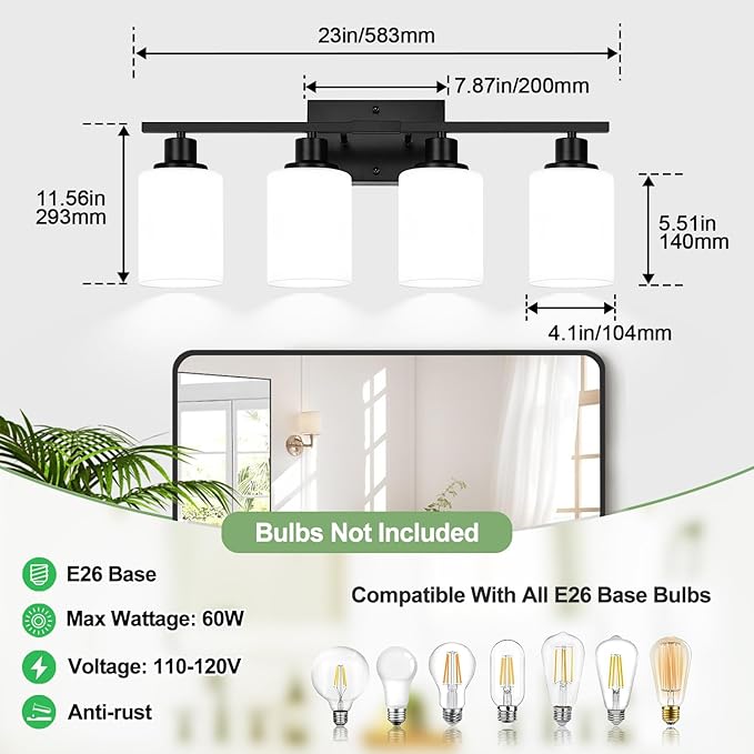 Indoi 4-Light Bathroom Light Fixtures, Matte Black Vanity Lights - Image 8