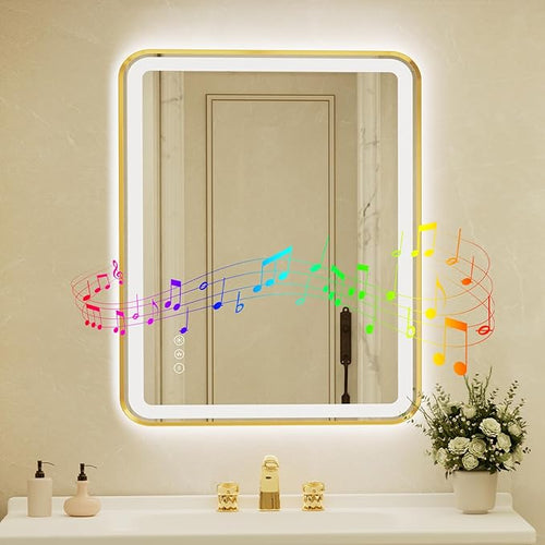 28x40 Inch Gold Framed LED Bathroom Mirror by Unknown