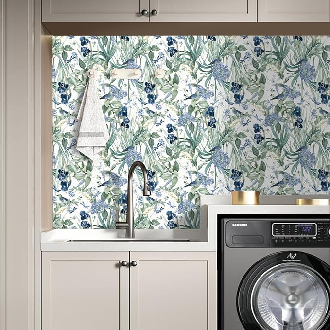 Floral Wallpaper Peel and Stick Blue Flower Contact Paper 16.9inch x196.8inch - Image 4