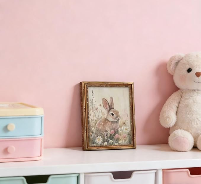 Vintage Gold Framed Easter Bunny Wall Art Spring Rabbit and Wildflowers - Image 9