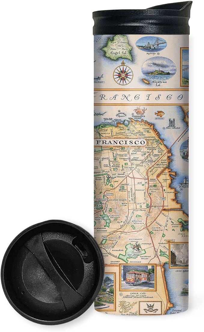 Xplorer Maps San Francisco Bay Map 16 Oz Travel Drinkware with Spill-Resistant Lid - Stainless Steel Vacuum Insulated Coffee Tumbler