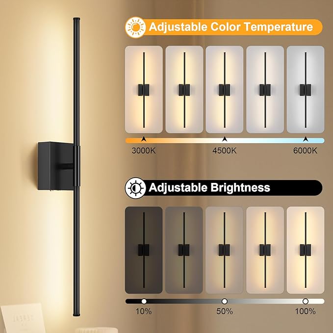 Battery Operated Wall Sconce, 3000K-6000K Dimmable Black Wall Lights - Image 2