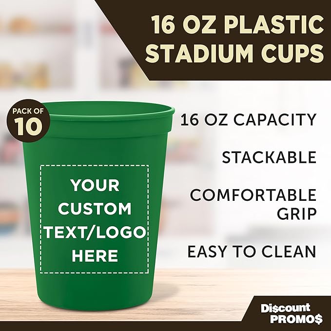 DISCOUNT PROMOS Custom Plastic Stadium Cups 16 oz. Set of 10, Personalized Bulk Pack - Perfect for Birthdays, Weddings, Picnic, Beach, Parties - Kelly Green