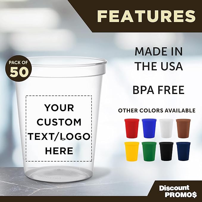 DISCOUNT PROMOS Custom Plastic Stadium Cups 16 oz. Set of 50, Personalized Bulk Pack - Perfect for Birthdays, Weddings, Picnic, Beach, Parties - Clear