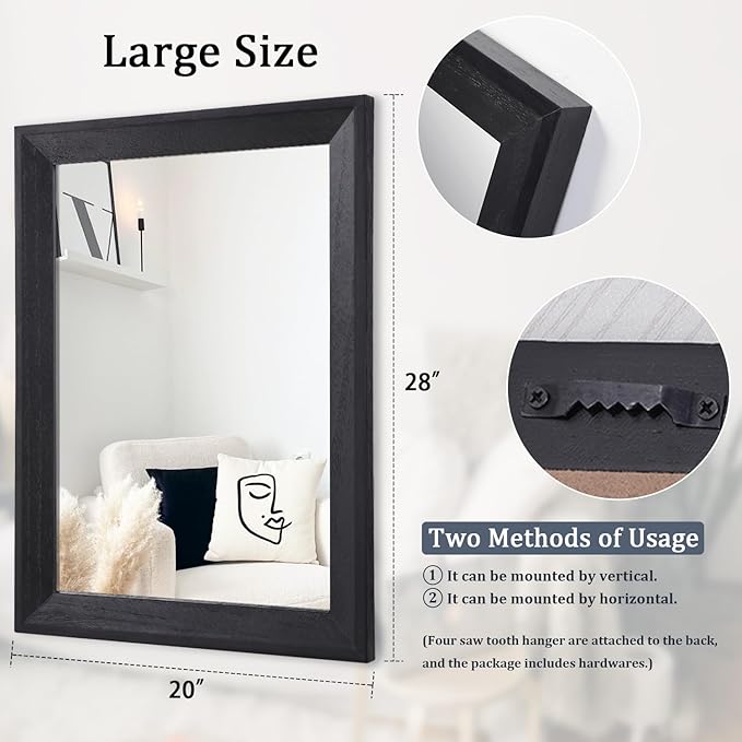 AAZZKANG Black Mirrors for Wall Rectangle Wood Framed Large 28"x20" Decorative - Image 2