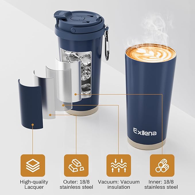 16oz Tumbler with 3 in 1 Lid - Travel Coffee Tumbler - 100% Leakproof and Spill Proof for Hot and Cold Drink - Coffee Mug for Travel, Office, School...(Denim Blue)