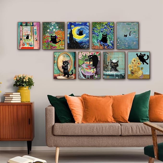 9Pcs Funny Black Cat Wall Art Cats in van gogh Famous Paintings Posters Prints - Image 6