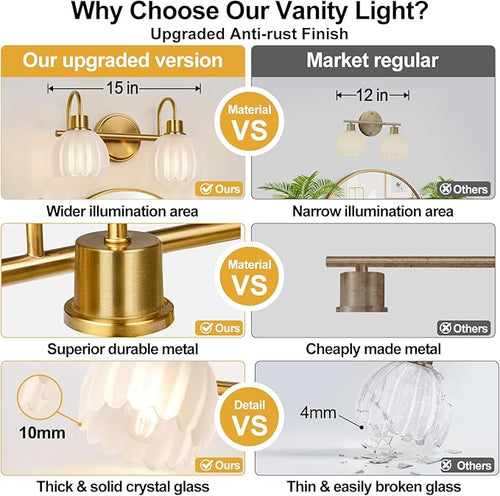 2-Light Bathroom Vanity Light, Brushed Gold Bathroom Light Fixtures - Image 2