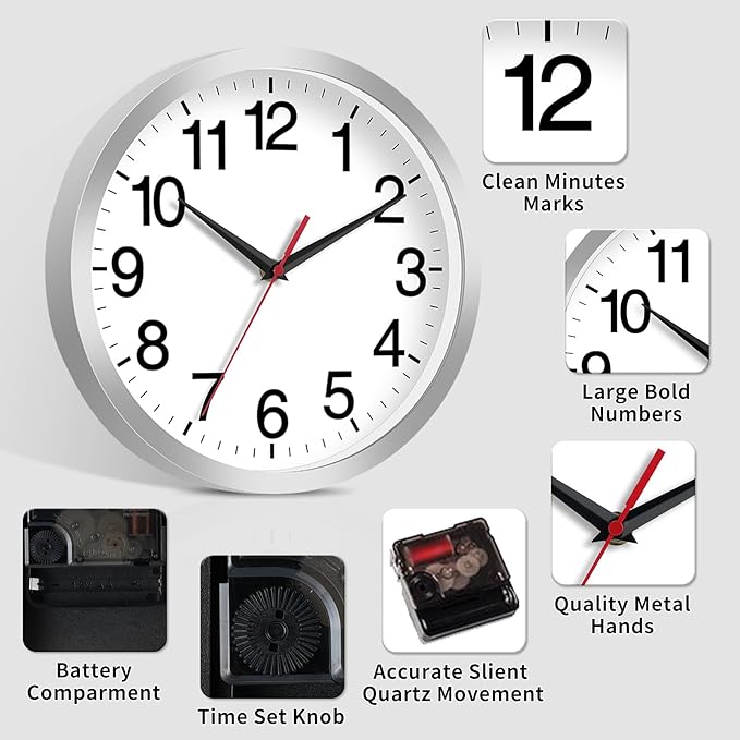 Rohioue 12 Inch Wall Clock Modern Battery Operated Silent Non Ticking Analog - Image 4