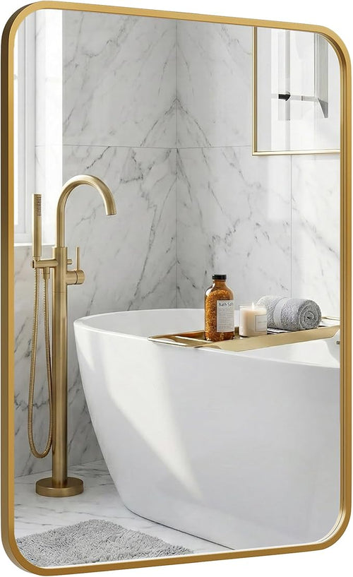24x36 Inch Matte Gold Bathroom Vanity Mirrors | Flush Mount Deep Set Metal Wall by Pocetry
