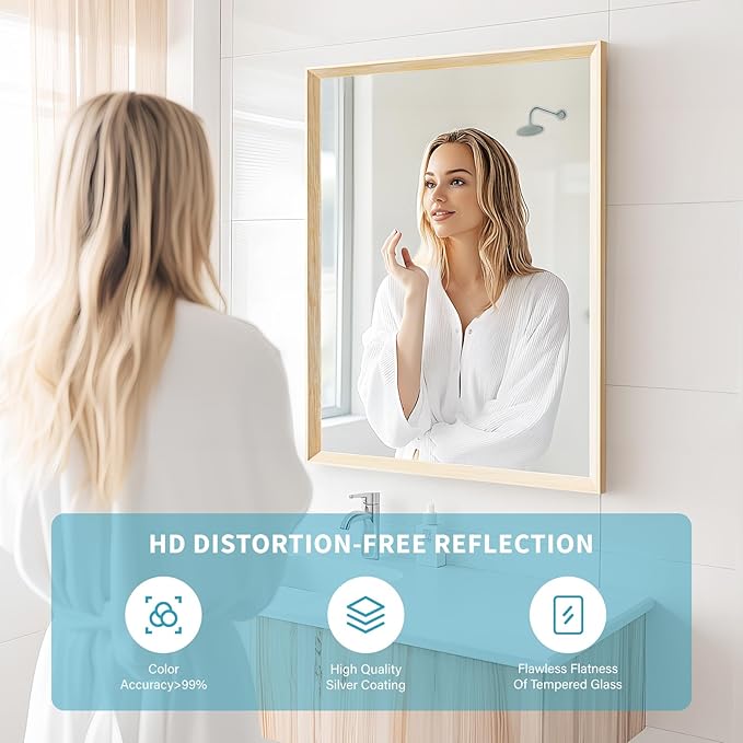 Oak Wood Effect Framed Wall Mirror, 36x40 Rectangle Mirror, Anti-desilvering - Image 3