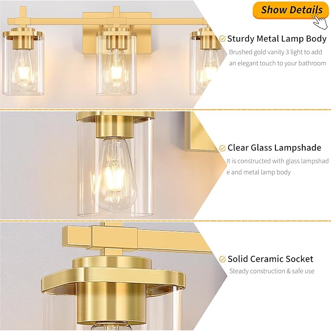 3-Lights Gold Bathroom Light Fixtures, Bathroom Vanity Light Over Mirror - Image 4