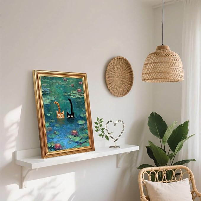 Fantasy Artists Gold Framed Wall Art Prints, Two Swimming Cats in Lotus Pond - Image 4