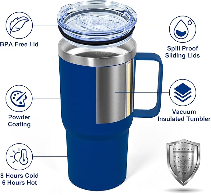 20 oz Tumbler with Handle, insulated cup coffee mug with lid, straw and handle, Double Wall Stainless Steel Vacuum Coffee Tumbler travel mug spill proof, 1pcs Blue