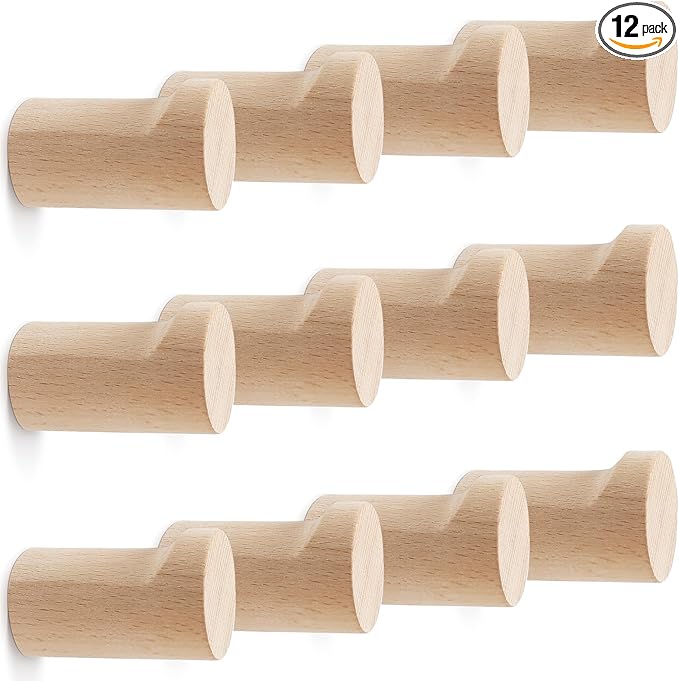 bsdonte 12 Pack Wood Wall Hooks, Natural Wooden Coat Hooks Wall Mounted by bsdonte