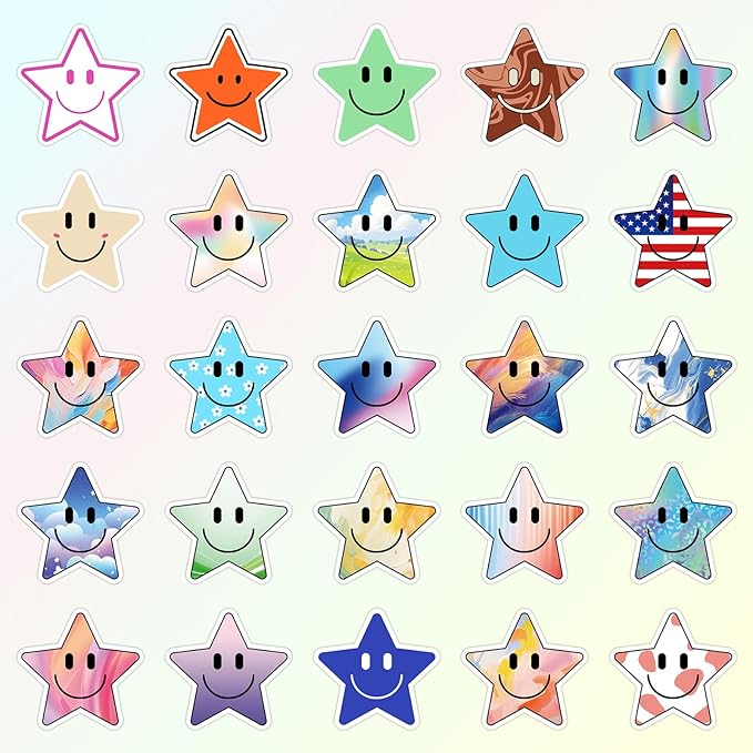 50PCS Smiling Star Stickers, Cute Water Bottle Stickers for Kids, for Teaching Rewards, Notebooks, Stationery, Luggage, Cartoon PVC Happy Stickers