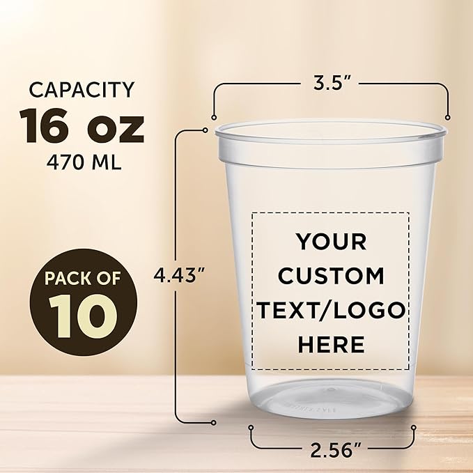 DISCOUNT PROMOS Custom Plastic Stadium Cups 16 oz. Set of 10, Personalized Bulk Pack - Perfect for Birthdays, Weddings, Picnic, Beach, Parties - Clear