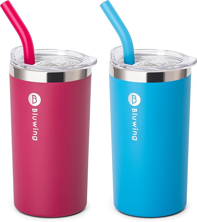 12 oz Double Wall Insulated Skinny Tumbler with Straw- Stainless Steel Coffee Tumbler Water Cup, Spill Proof, BPA Free (Fuchsia Red/Sky Blue)