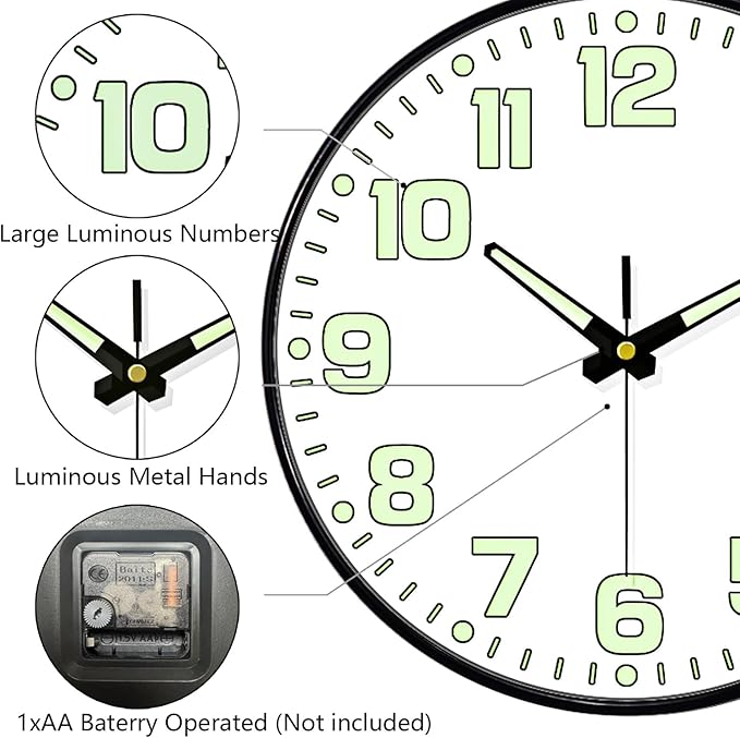 Glow in The Dark Wall Clock Non Ticking, 10 inch Silent Wall Clocks Battery - Image 8