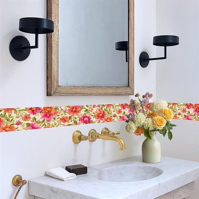 Orange Floral Wallpaper Border 196x4 Inch Peel and Stick Wall Border Watercolor - Image 5