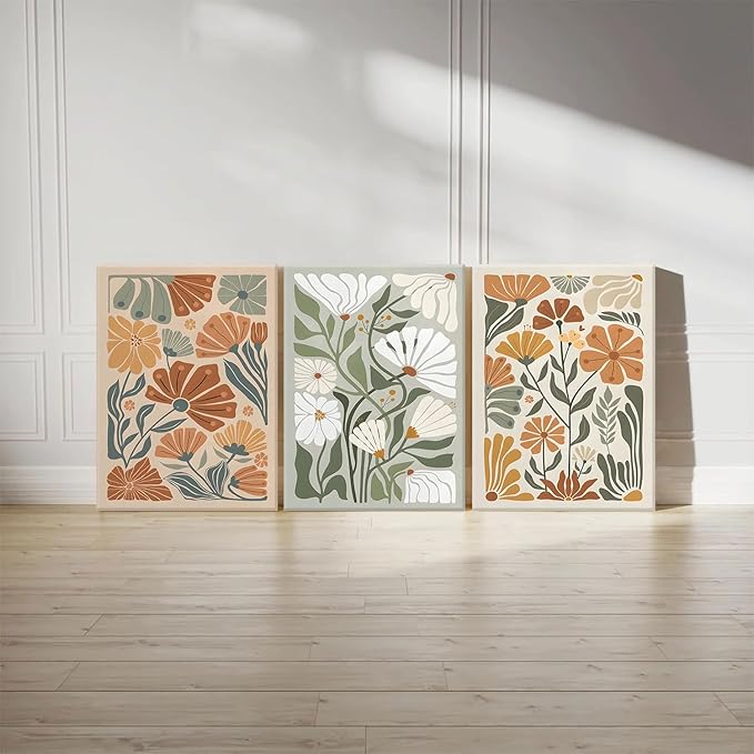 KISSFOX 3 Piece Framed Wall Art Floral Wall Decor Flower Canvas Art Green Beige - Image 5