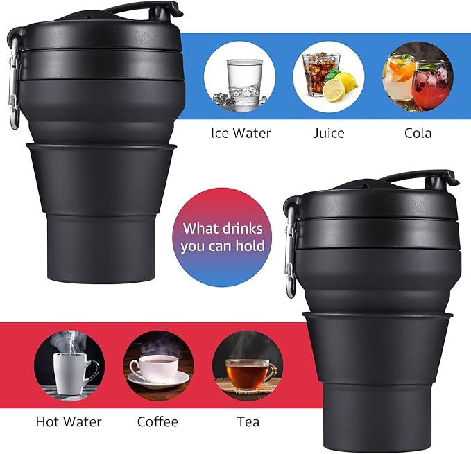 Collapsible Coffee Cup, 2 Pack 20 OZ 600ml Silicone Travel Folding Cup, Leak Proof BPA Free Portable Cup, Travel mug with Lids for Camping hiking