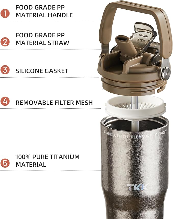 TKK 24oz Pure Titanium Inner Tumbler with Straw Lid, Vacuum Insulated Cup Leakproof Double Walled Travel Mug with Handle, Dishwasher Safe for Hot/Cold Drinks, Titanium Natural