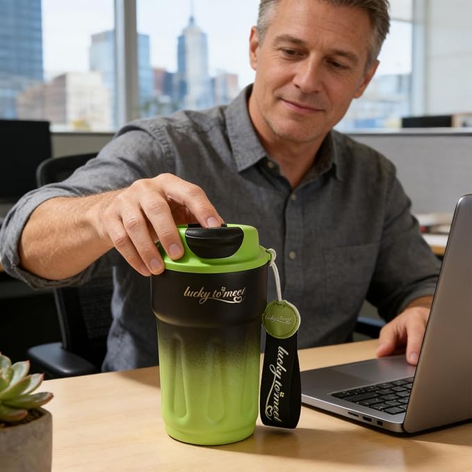 Insulated Travel Coffee Mug, Travel Coffee Mug with Lid, Insulated Stainless Steel Coffee Tumbler, Spill & Leak Proof, 14 oz Stainless Steel Cup for Ice, Water, Tea, Green