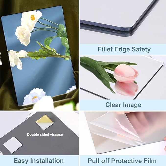 JUNEBRUSHS 4 Pack Self Adhesive Acrylic Mirror, 6X 9 Inch Mirror Tiles - Image 3