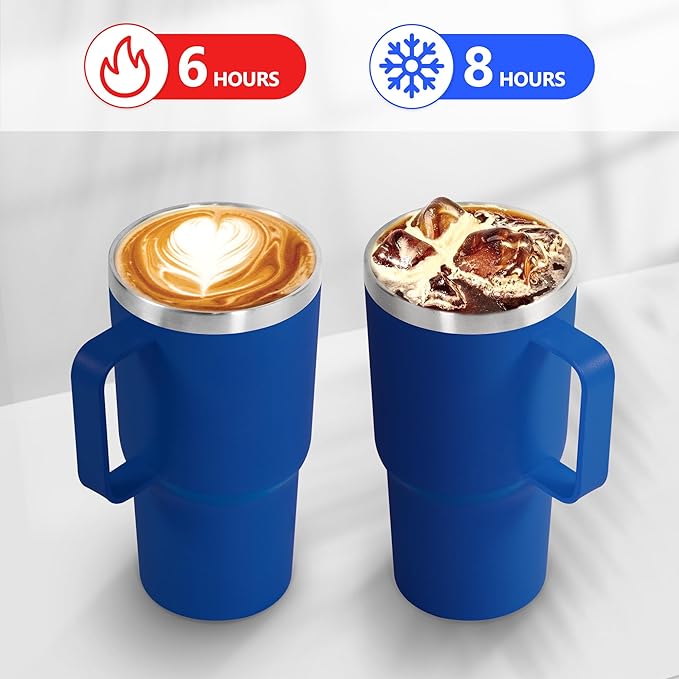 20 oz Tumbler with Handle, insulated cup coffee mug with lid, straw and handle, Double Wall Stainless Steel Vacuum Coffee Tumbler travel mug spill proof, 1pcs Blue