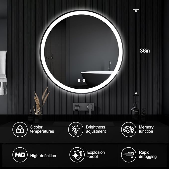 NEWBULIG 36 Inch Round LED Bathroom Wall Mirror - Image 3