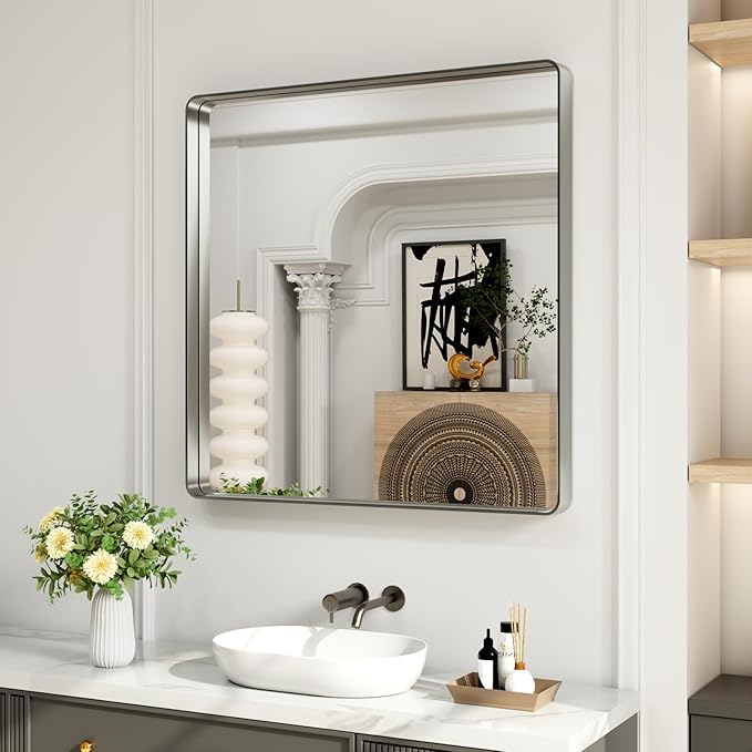 LOAAO 38X38 Inch Brushed Nickel Bathroom Mirror, Rounded Rectangle Silver Metal - Image 8