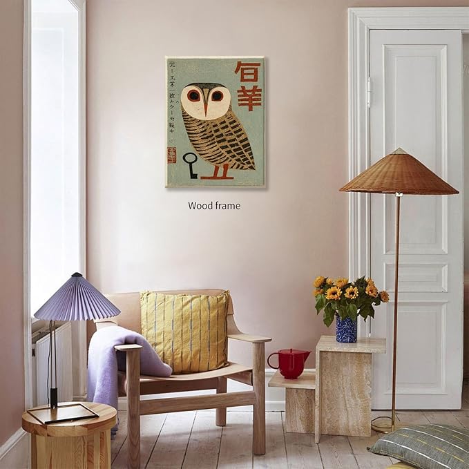 Vintage Japanese Framed Wall Art Owl Poster Mid Century Animal Print 20x30in - Image 5