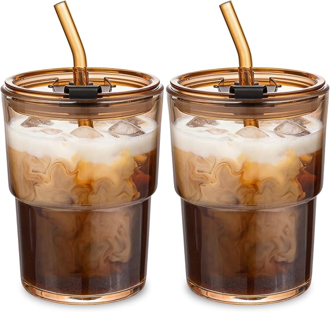 13oz Glass Coffee Tumbler with Straw and Lid, Reusable Iced Coffee Cups, Matcha Smoothies Cup, Thick Wall Seal Drinking Glassware Water Cups,Suit for Car Cup Holder (Amber-2pack)