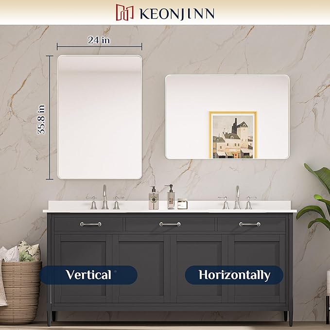 Keonjinn Brushed Nickel Mirror 24” x 36” Silver Bathroom Mirror - Image 9