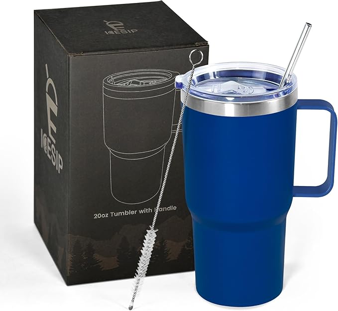 20 oz Tumbler with Handle, insulated cup coffee mug with lid, straw and handle, Double Wall Stainless Steel Vacuum Coffee Tumbler travel mug spill proof, 1pcs Blue
