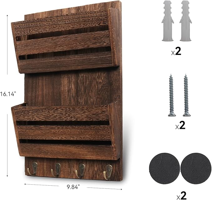Mail Organizer Wall Mount with 4 Key Hooks, Rustic Wooden Hanging Mail Sorter - Image 4