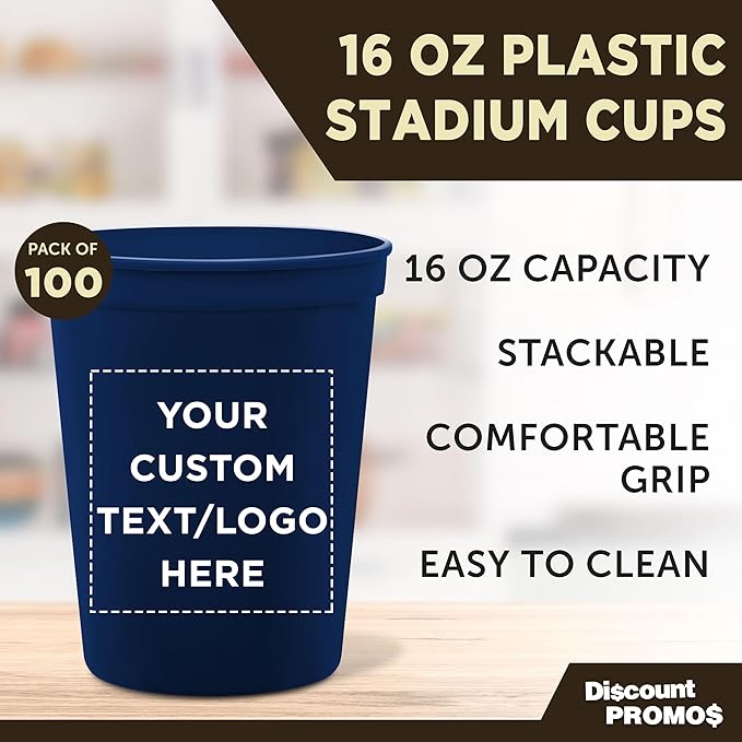 DISCOUNT PROMOS Custom Plastic Stadium Cups 16 oz. Set of 100, Personalized Bulk Pack - Perfect for Birthdays, Weddings, Picnic, Beach, Parties - Navy Blue