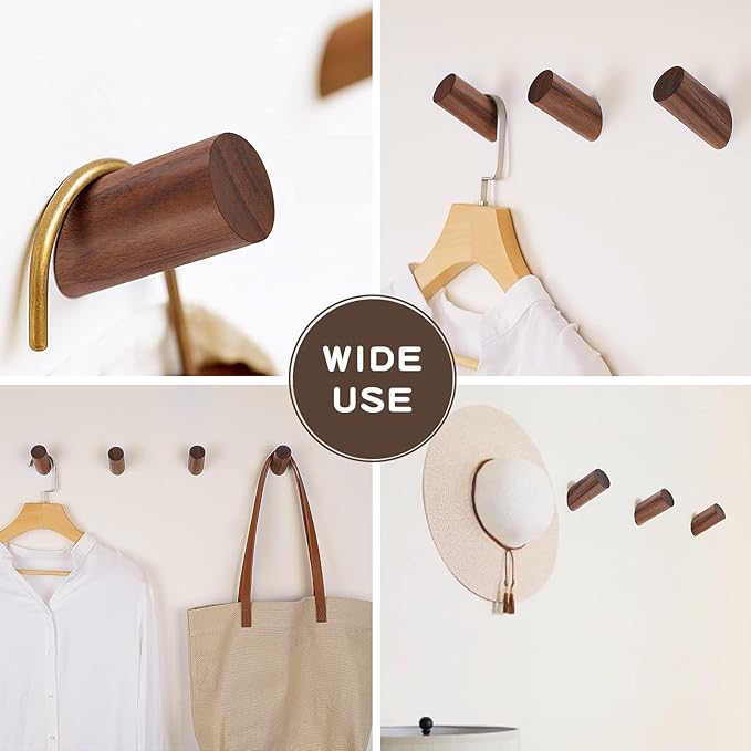 Felidio Wooden Wall Hooks, 2 Pack Coat Hooks Wall Mount, Natural Wood Hooks - Image 4