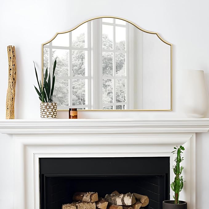 Besdomus Gold Scalloped Mirror for Dresser: 35"x26" Modern Wooden Mantel Mirror - Image 7