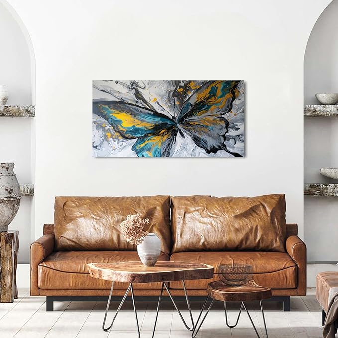 Abstract Butterfly Wall Art Teal Grey Yellow Butterfly Wall Decor Modern Marble - Image 4