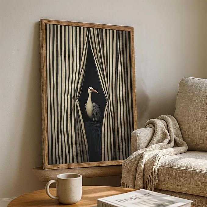 Framed Moody Crane Wall Art, Eclectic Vintage Bird Pictures Wall Decor Paintings - Image 3