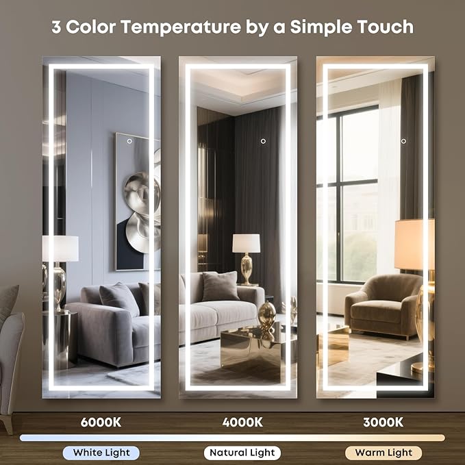 Kosmonia 67x24 Frameless Full Length Mirror, Dimmable 3 Color LED Light - Image 4