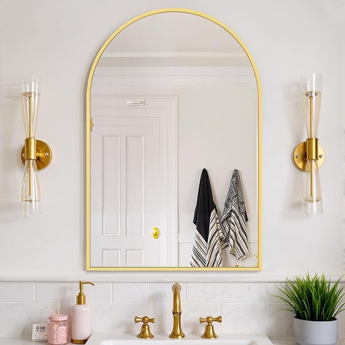 Bathroom Mirror for Wall, 38x26 Inch Arched Mirror, Matte Gold Metal Framed - Image 5