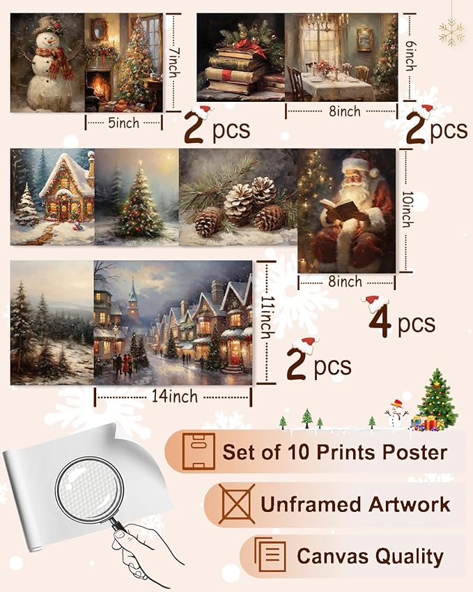 KBKBART Christmas Wall Art Prints Set of 10, Winter Christmas Picture Wall - Image 2