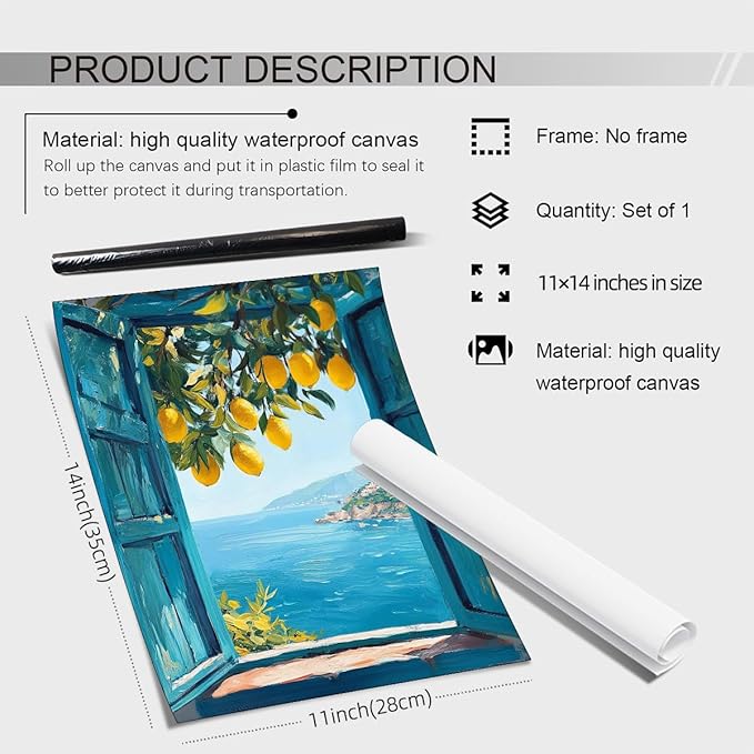 Mediterranean Window View Wall Art Coastal Lemon Tree Canvas Prints Blue - Image 2