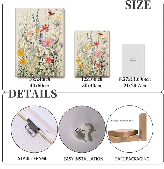 KISSFOX 3 Piece Canvas Wall Art Wildflowers Wall Decor Floral Pictures - Image 4