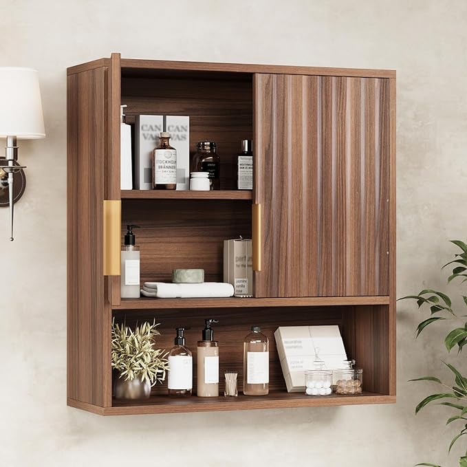 VINGLI Bathroom Wall Cabinet, Walnut Fluted Medicine Cabinet - Image 2