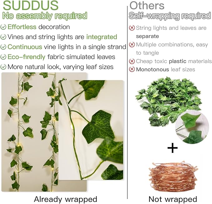 suddus Vine with Fairy Lights Battery Operated, 13.1ft 40 LED Ivy String Light - Image 3