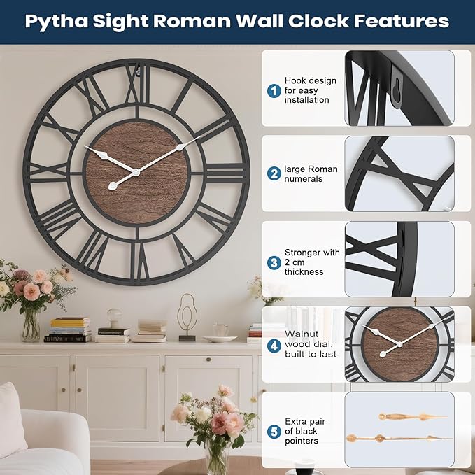 Pytha Sight Large Wall Clock for Lving Room, 16 Inch Modern Industrial - Image 2